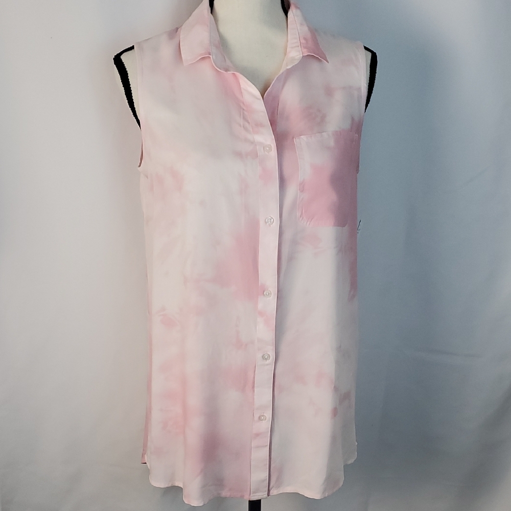 Dip Sleeveless Pink and White Notched Collar Button Down Top